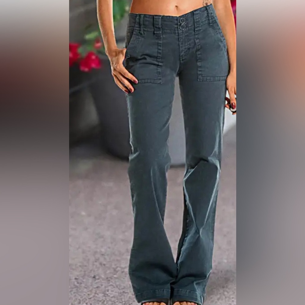 Double Button Mid Waist Straight Leg Pants-Gray 2XL Gray / 2XL